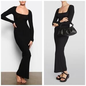 Skims Soft Lounge Maxi Dress Size Small Black Ribbed Long Sleeve Bodycon